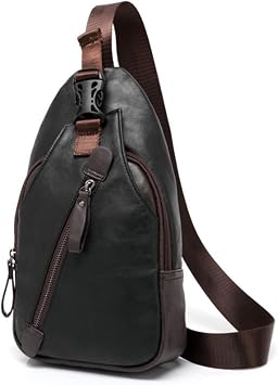 Men Travel Hiking Leather Chest Bags Outdoors Crossbody Daypack Sling Bag-Black c