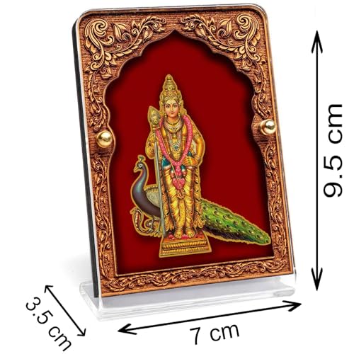 Image of Eknoor Wooden Mahal Velvet Murugan Kartikeya Ji Car Dashboard Frame | Gold-plated Murugan Kartikeya Ji foil on antique wooden mahal arch frame with red velvet backdrop - car, desk, puja ghar