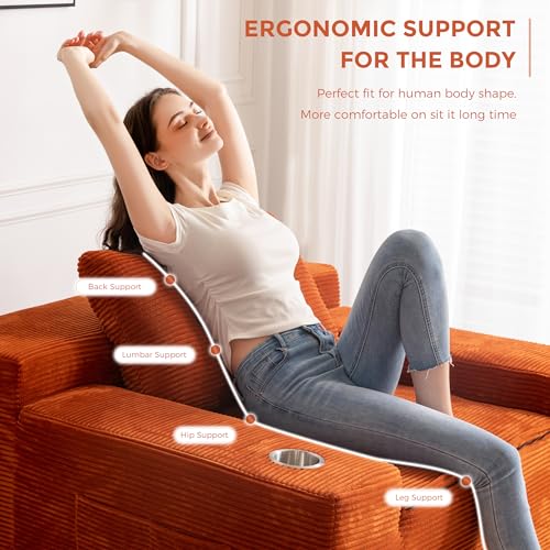 Image of MAXYOYO Oversized Chaise Lounge Sofa, Upholstered Lounge Chair with 3 Pillows Indoor, Tufted Boneless Sofa Couch with Ottoman, Deep Seat Sleeper Chair for Living Room, Bedroom, No Assembly, Orange