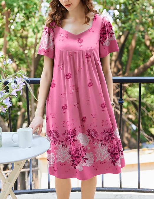Image of Ekouaer Women's House Dress - Pleated Nightgown with Short Sleeves & Pockets