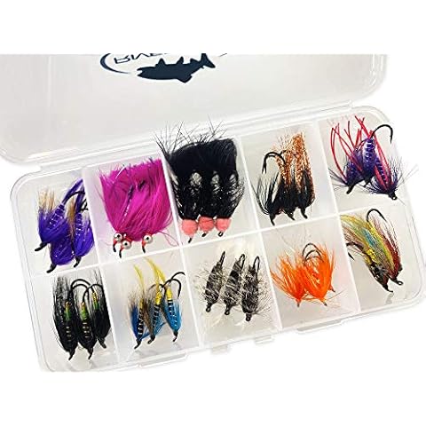 RiverBum Classic Steelhead Fly Fishing Flies Assortment Kit with Fly Box, Copper Top, Comet, Bomber, COHO - 30 Piece Cover