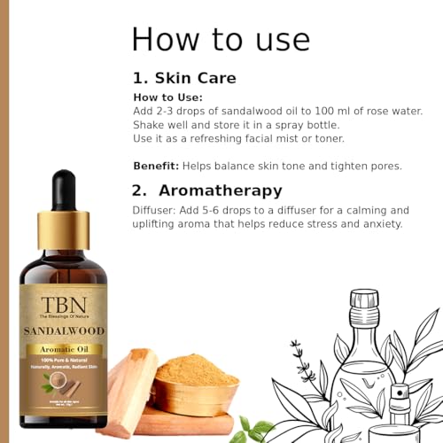 Image of TBN 100% Pure and Natural Sandalwood Essential Oil For Skin and Bathing | Used in Diffusers, Soap Making, Fragrance, Spiritual Rituals - 15ML