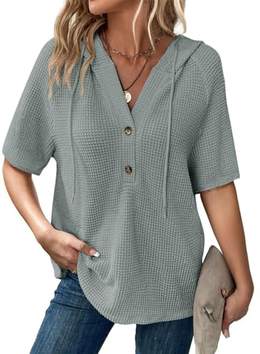 Image of Dokotoo Womens Summer Tops Waffle Knit Short Sleeve Lightweight Drawstring Hoodies Button V Neck Casual Blouses Shirts