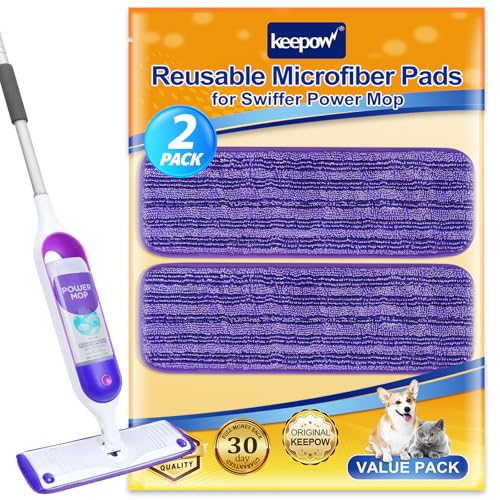 KEEPOW Reusable Power Mop Refill Pads for Swiffer Power Mop, Powermop Mopping Pad Refills for Wood Floor Cleaning, Machine Washable Microfiber Mop Pads for Wet and Dry Use, 2 Pack