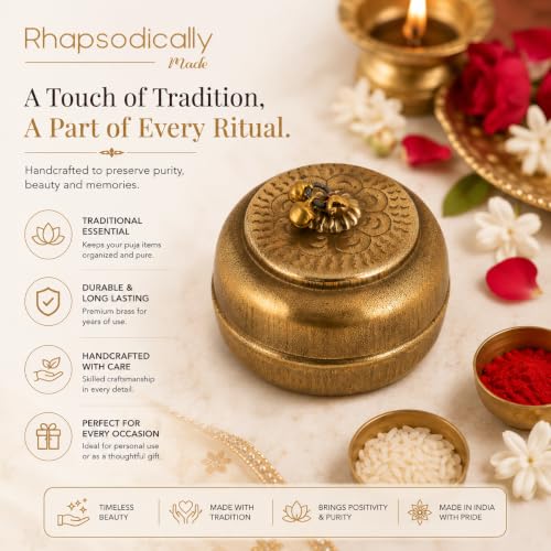 Image of Handcrafted vintage Items Antique Brass Katordan | Round Shape Mini Box For Multi Uses Puja, Roli, Chandan, Haldi, Sindoor, Turmeric, Masala | Mini, 6L x 5W x 5H cm, Pack of 2