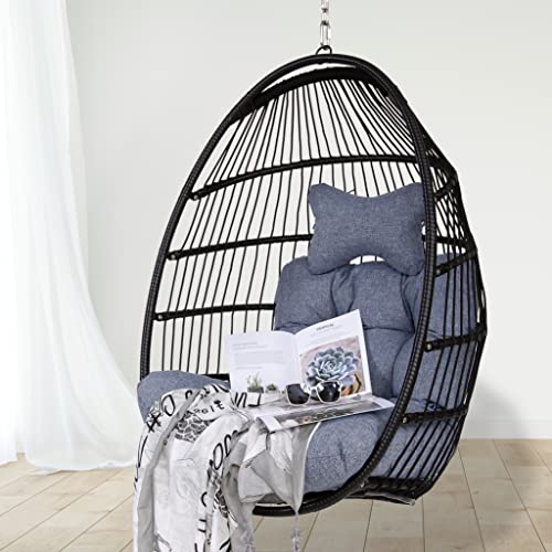 Yoxifoc Hanging Egg Hammock Chair With Seat Cushions - Black Polyethylene Wicker Rattan Frame And Hanging Chain Collapsible Chair For Garden Patio Porch Indoor Outdoor cover