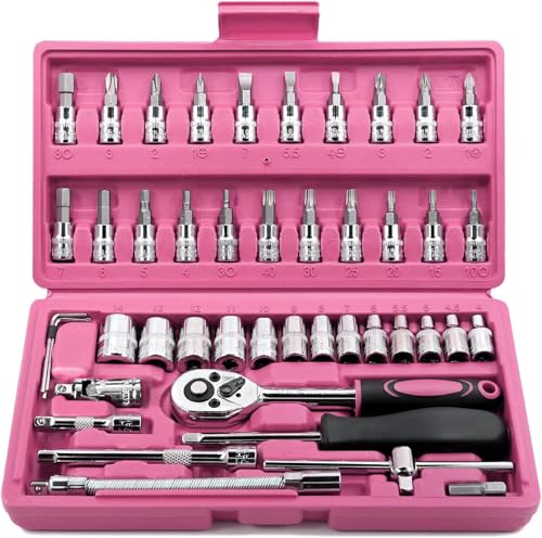 Egofine 46 Pieces 1/4 inch Drive Socket Ratchet Wrench Set with Bit Socket Set Metric and Extension Bar for Auto Repairing and Household with Pink Storage Case