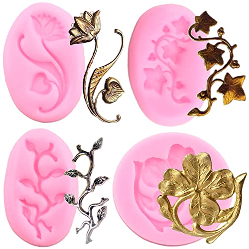 Mujiang Leaf Fondant Mold Vine Leaves Four Leaf Lotus Fondant Mold For Sugarcraft Cake Decorating Candy Chocolate Set Of 4