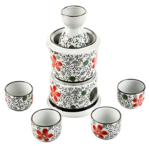 Mygift 7-Piece Ceramic Sake Warmer Hot Saki Set With Red Flower Design Includes Tokkuri Bottle Carafe, Ochoko Cups And Small Warmer Stove, Japanese Style Sake Wine Server Set #TOP6