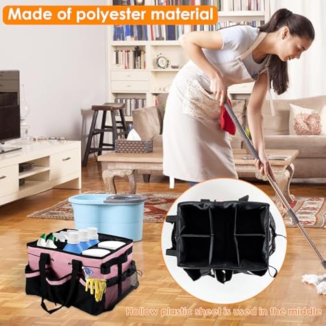 Wearable Cleaning Caddy Bag, Organizer Tote for Cleaning Supplies with Handle & Shoulder Straps, Built-in Sturdy Support Board, Under Sink & Car Cleaning Tool Organizers Bag for Housekeeper (Pink)