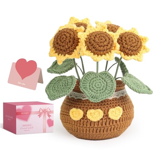 Hccgfy Crochet Flowers Bouquet, Knitted Sunflowers Potted Plant with Gift