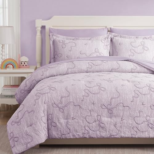 Image of Queen Comforter Set - 7 Pieces Bow Jacquard Bed in a Bag Girls Bedding Set