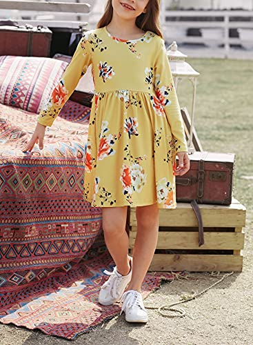 Ecokauer Girls Long Sleeve Floral Print Pleated Swing Casual Midi Dress with Pocket Size 4-132