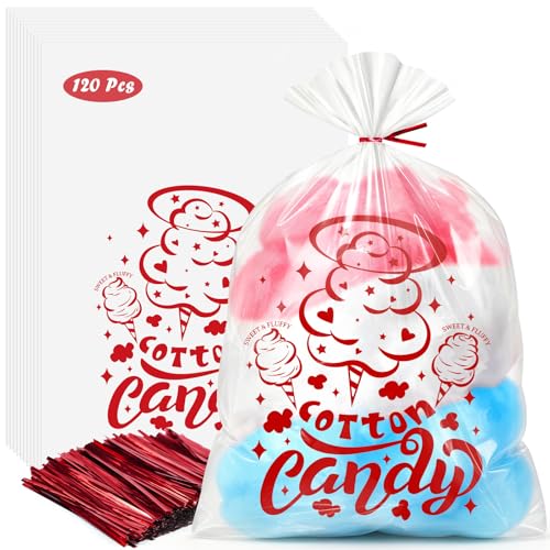 SUMMORO 120 Pcs Clear Cotton Candy Bags with Ties 11.8 x 17.7 Inch Large Size Cotton Candy Bags Bulk Perfect for Carnivals Birthday Parties Festivals and Commercial Use