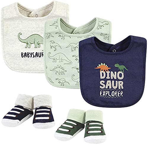 Image of Hudson Baby Unisex Baby Cotton Bib and Sock Set, Dinosaur Explorer, One Size