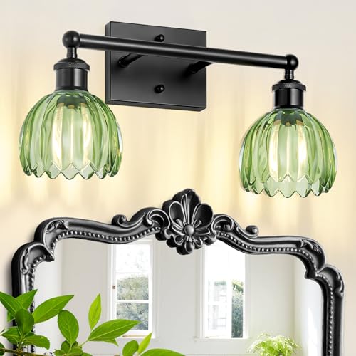 Image of Bathroom Light Fixture,2-Light Vintage Bathroom Sconces Over Mirror, Black Fancy Vanity Lights, Flower Light Fixture with Green Tulip Glass Shade for Bedroom, Living Room, E26 Base