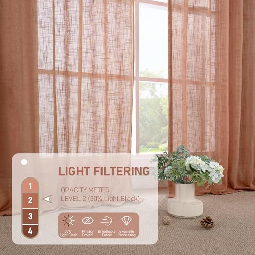 LAMIT Terracotta Linen Curtains 80 inch Length 2 Panels, Light Filtering Semi Sheer Panels Back Tab and Rod Pocket Neutral Drapes for Bedroom/Living Room, 34 x 80 Inch