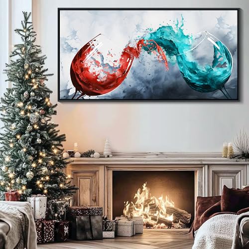 Framed Blue & Red Wine Glass Collisions Canvas Art | 24x48 inches | Modern Kitchen & Dining Room Decor | Abstract Wine Cup Painting | Contemporary Bar & Living Room Wall Art | pictures wall
