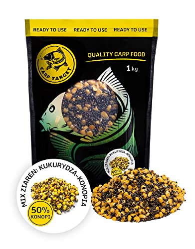 Carp Target Gekochter Mix Körner Mais Hanf für Karpfen - Fertiger Fisch Grundfutter - Lockfutter - Groundbait - Karpfenfutter Angeln - Anfüttern - Grundfutter Karpfen - Angelfutter - 1kg