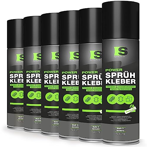 Spraytive 6 x 500ml Power Sprühkleber: Für Textilien, Vlies, Schaumstoff, Leder, Dachhimmel, Teppich, Papier & mehr - Stark permanent haftend mit variabler Sprüheinstellung