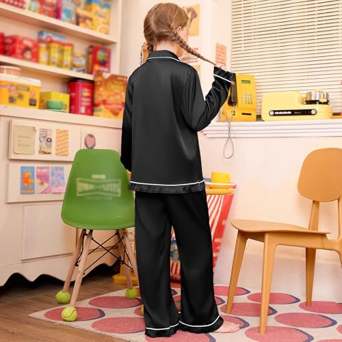 QPANCY Kids Satin Pajamas Sets Silk Pjs for Girls Ruffle Long Sleeve Button Down Sleepwear 2 Piece Loungewear Clothes Set3