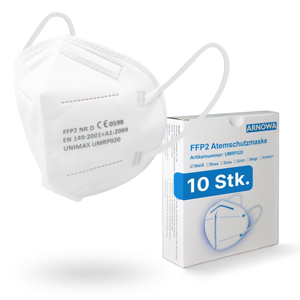 ARNOMED FFP2 Maske Weiß, 10 Stk Masken CE-zertifiziert, Bunt für Erwachsene in Fischform, Medizinisch mit 4 Lagen, FFP 2 Einzeln verpackt, Atemschutzmaske, EN 149, BFE ≥94%