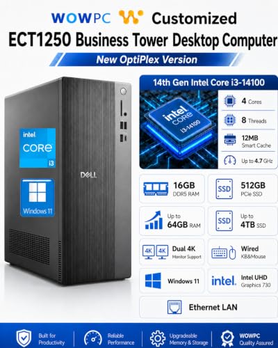 Image of Customized Dell ECT1250 Business Tower Desktop Computer, New OptiPlex Version-14th Gen Core i3-14100, 16GB DDR5 512GB SSD, Up to 64GB RAM 4TB SSD, Dual 4K Monitor Support, Wired KB&Mouse, Win11