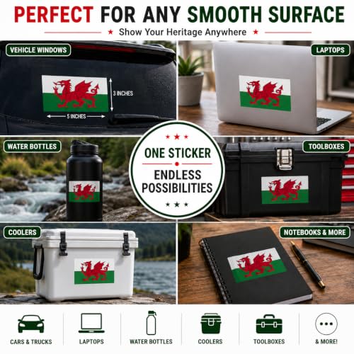 Image of Wales Vinyl Flag Stickers, Car Decals, Waterproof Indoor Outdoor, Laptop Stickers, Car Bumper, Welsh Flag, 5 x 3 Inches, Set of 3