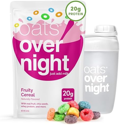 Oats Overnight Fruity Cereal – Protein Oatmeal, 2.6 oz, 8 Pack + Bottle