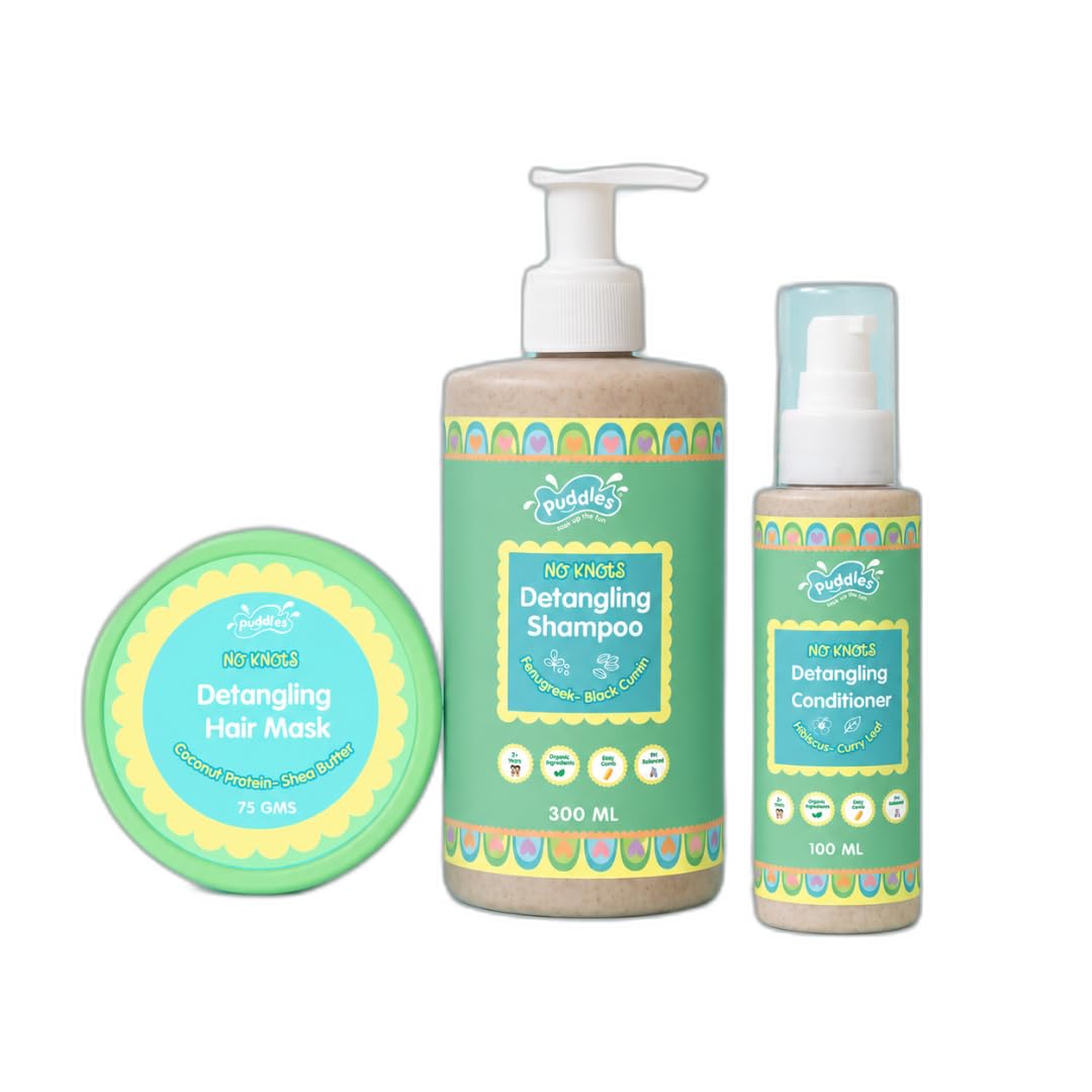 Puddles No Knots Complete Hair Care Kit | Kids Shampoo 300ml + Conditioner 100ml + Hair Mask 75g | Detangling Hair Care with Fenugreek, Hibiscus, Curry Leaf & Black Cumin | Kids 2+-image-25