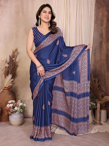 Image of Amazon Brand - Tavasya Womens Blocked Printed Daily Wear Chiffon Georgette Saree With Blouse With Blouse