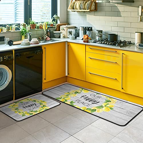 2Pcs Lemon Kitchen Rugs And Mats Non Slip Set Of 2 Our Happy Place Lemon Mats For Spring Summer Indoor Kitchen Floor Decor Waterproof Standing Kitchen Runner Mats 17”X30”+17”X47” #TOP17