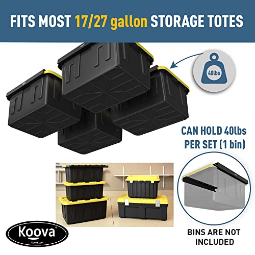 Image of Koova Heavy-Duty Overhead Garage Storage Rack for 4 Bins. Adjustable Width, 160lb Capacity. DIY Safe Ceiling Mount, Easy Install. Fits 27-Gallon Totes. USA Made Pro-Grade Steel. Space Saving Organizer