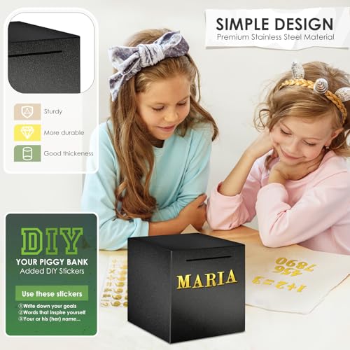 Piggy Bank for Adults Must Break to Open, Vcertcpl Stainless Steel Money Box Safe for Cash Saving, Unbreakable Adults Piggy Bank for Real Money, Metal Money Bank Saving Box (Black, 4.72 inch)