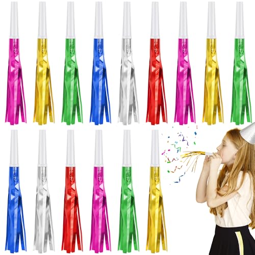 Twavang 24 Pcs Glitter Noise Makers Metallic Fringed Party Blower for Adults Birthday Graduation New Years Party Favors Supplies (Colorful)