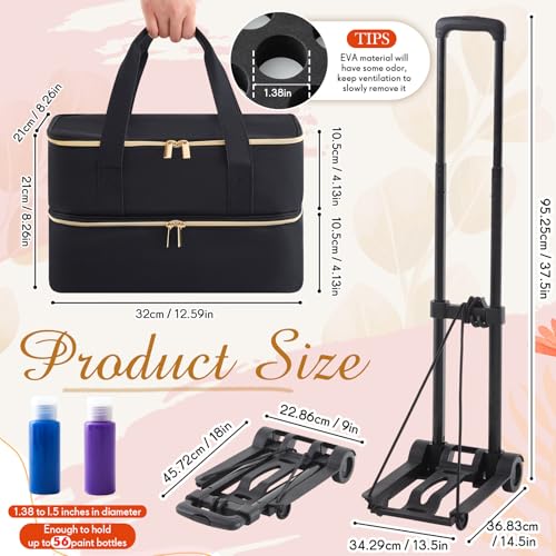 Image of Abbylike Acrylic Paint Organizer Double Layer Bag with Foldable Cart - 56 Shockproof Foam Slots for 2oz Bottles, Portable Art Supply Storage Case for Travel Friendly Artists, Black