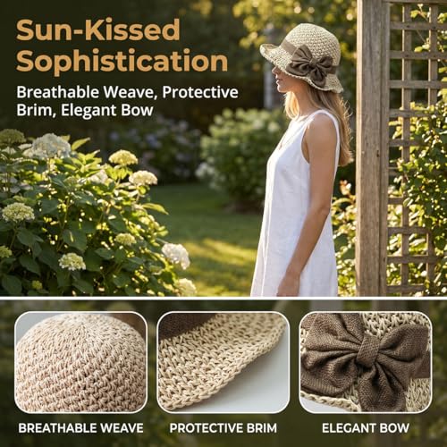 Sombrero de paja tejido elegante con lazo para mujer miniatura 2