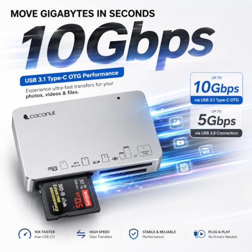 Image of Coconut CR11 USB 3.0 Card Reader with Type C 3.1 OTG, 6 in 1 Memory Card Adapter Compact Flash CF, TF, SD, MicroSD, SDHC, SDXC, MS Upto 10 Gbps Speed for Windows & Mac, PC Laptop Mobile - Silver