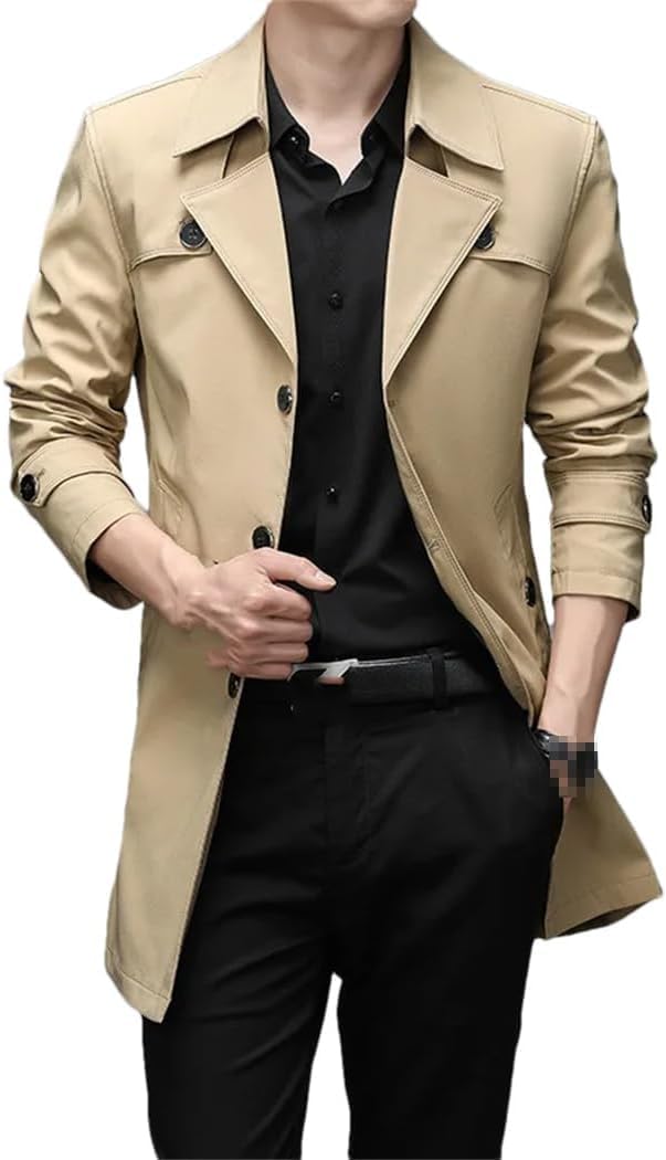 Trench Lungo da Uomo in Primavera e Autunno Trench Uomo Moda Business Casual Trench Monopetto a Tinta Unita con Risvolto Oversize
