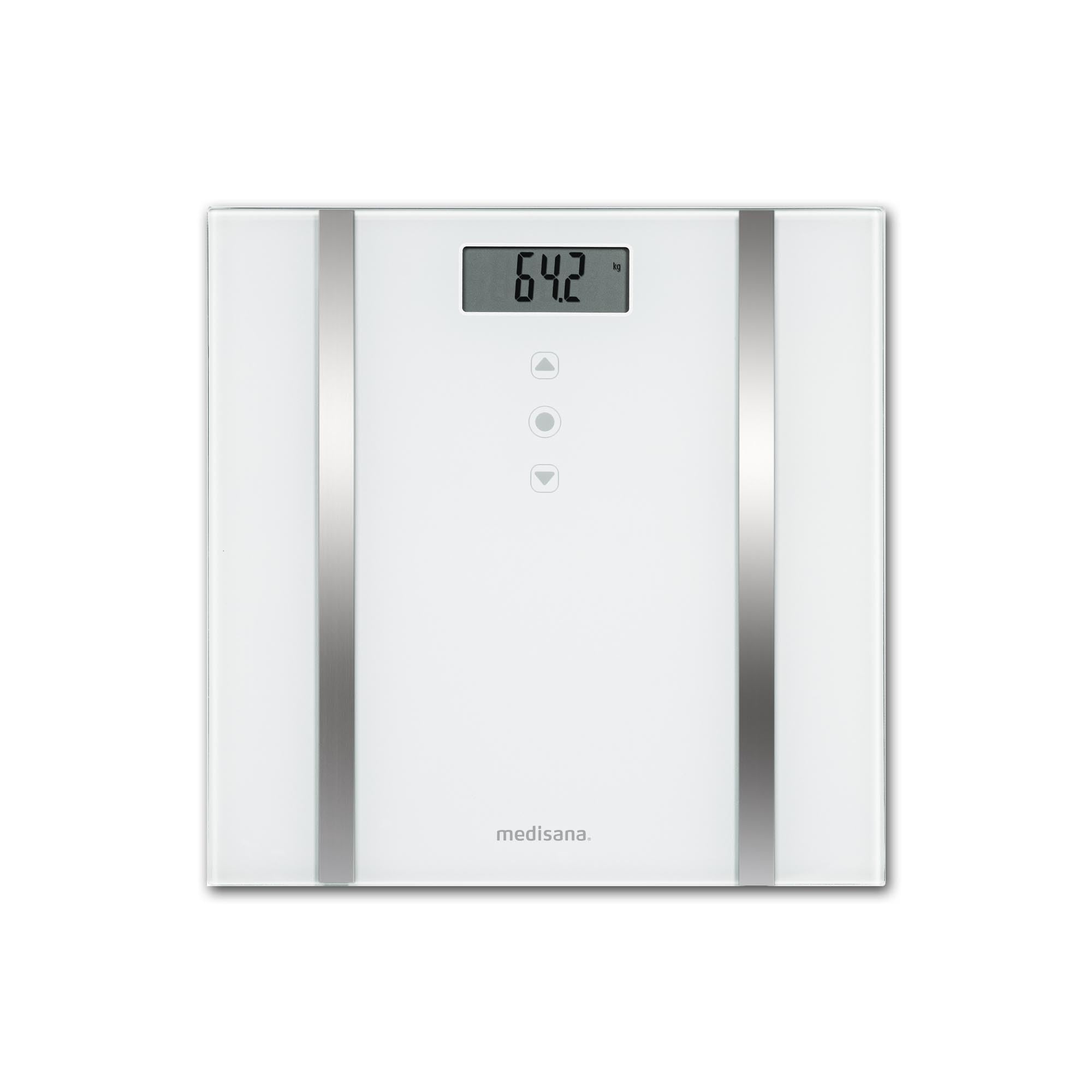 medisana BS 483 - Bilancia digitale per l'analisi del corpo, per la misurazione del grasso corporeo, dell'acqua corporea, massa muscolare e peso osseo, fino a 180 kg, colore: Bianco/Argento