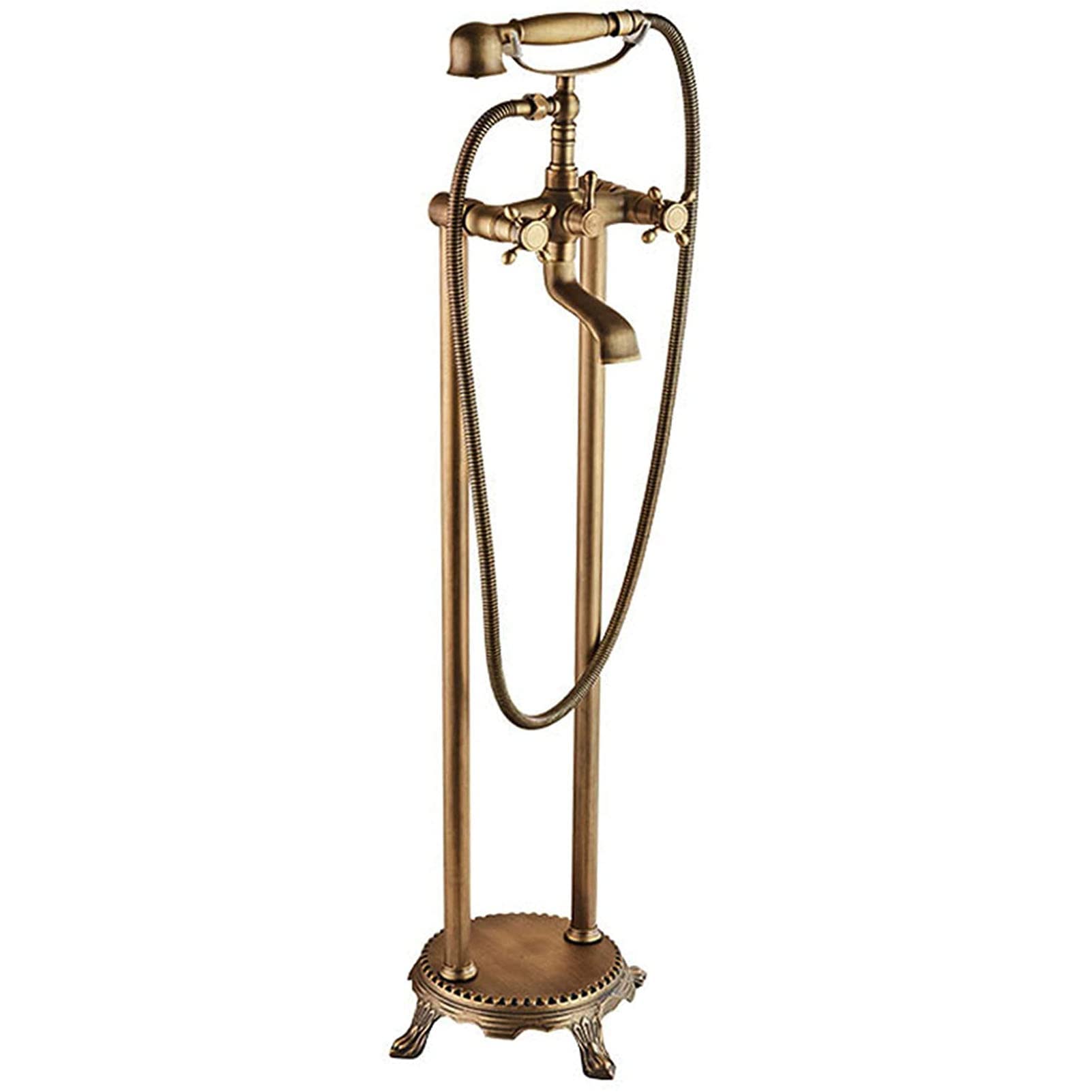 DFGHNBVC Bathtub Faucet Antique Brass, Dual Handles Floor Mount Bathtub Faucet, Tub Filler Faucet With Hand Shower, Bath Shower Mixer Tap, Freestanding Bathtub Faucet
