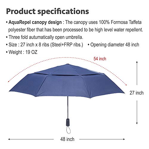Stonehenge Large Travel Umbrella - Big 54 Inch Double Vented Folding Umbrella W/Auto Open And Close Button (Gray) #TOP1