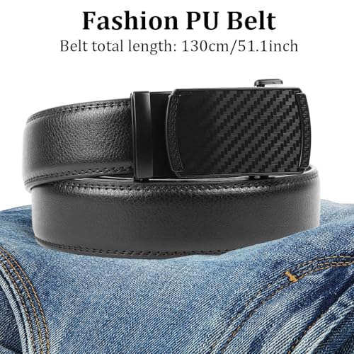 Image of GUSTAVE Leather Belt for Men Formal Belts for Man, Mens Fashion Casual Business Black Belt for Men Jeans, Auto-Lock Gold Metal Buckle, 130cm /51'' Length, No Punch Hole