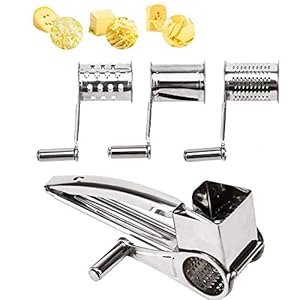 Rotary Cheese Grater – LOVKITCHEN Vegetable Stainless Steel Cheese Grater Shredder Cutter Grinder with 3 Drum Blades (Silver)