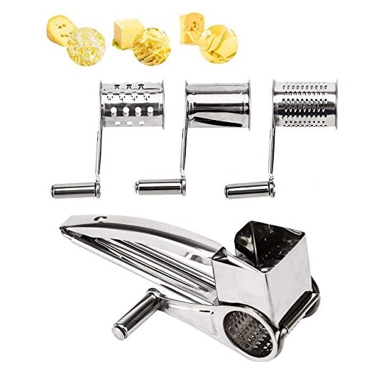 Rotary Cheese Grater - LOVKITCHEN Vegetable Stainless Steel Cheese Grater Shredder Cutter Grinder with 3 Drum Blades (Silver)