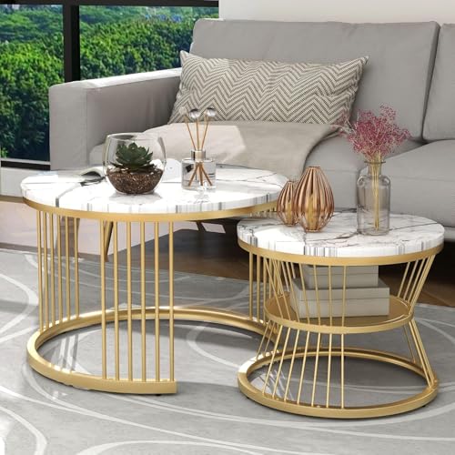 Image of Brown Art SHOPPEE Round Coffee Table Home Decor Furniture Coffee Table Sets,2 Piece MDF Top,Stacking Nesting Table with Iron Frame for Living Room Living Room or Lounge (Gold & White)