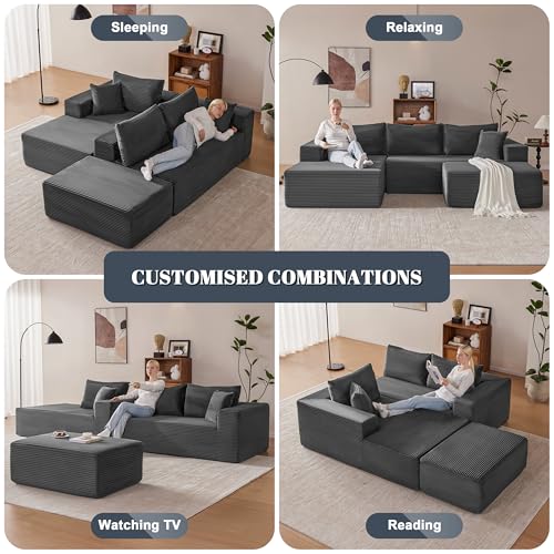 Image of Mangodan 110 inch Cloud Sectional Couch, Modular Sectional Sofa with Deep Seat, Boneless Sofa for Living Room, Fluffy Comfy U-Shaped Couch with Left Facing Chaise, No Assembly Required, Grey