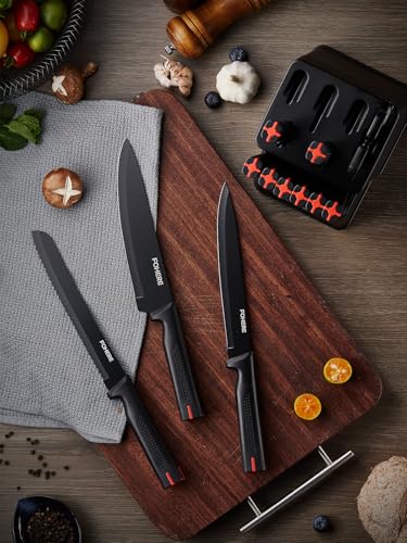 Juego de Cuchillos de Cocina FOHERE 13 Piezas Cuchillos de Cocina Acero Inoxidable con Bloque Afilador Integrado Bloque de Cuchillos Profesional con Soportes para Cuchillos, Negro - imagen 8