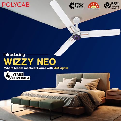Image of Polycab Wizzy Neo LED 1200mm BLDC Ceiling Fan with remote| BEE 5 Star Rated, Higher Air Delivery| LED Indicator,Sleep and Breeze Mode |3 Years Warranty【Matt White Rosegold】