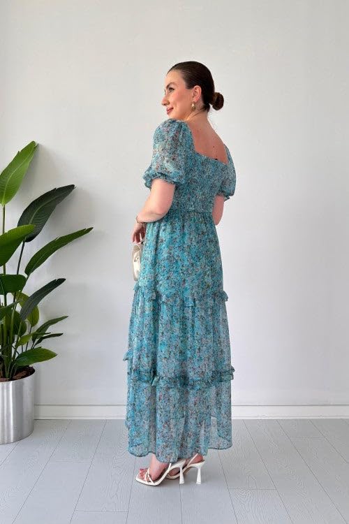 Image of Sheetal Associates Women's Floral Puff Sleeve High Waist A Line Flowy Long Dress